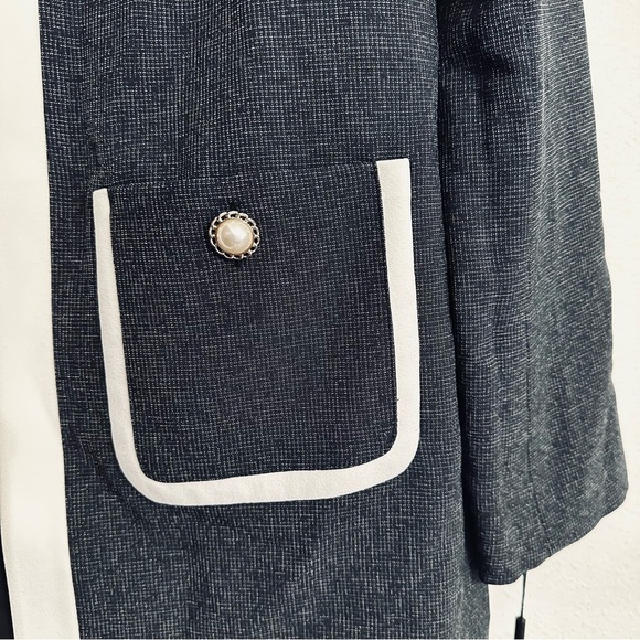 Karl Lagerfeld Blazer Navy Small Long Jacket White Contrast Trim Lined Pockets - Picture 7 of 15